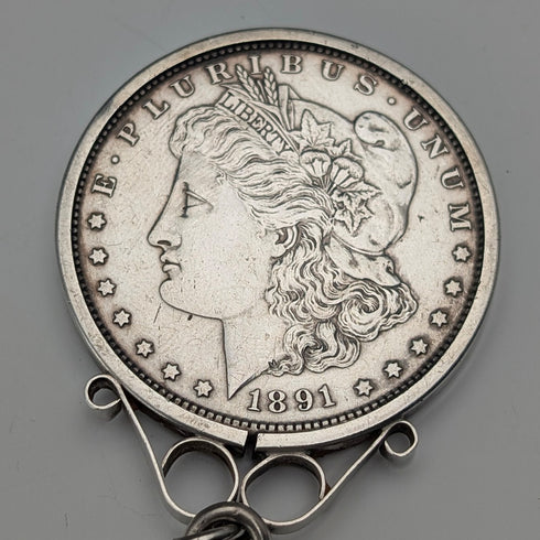 1921年 英国アンティーク 純銀製 極太ダブルアルバートチェーン 95g モルガンダラー銀貨フォブ HENRY POPE
